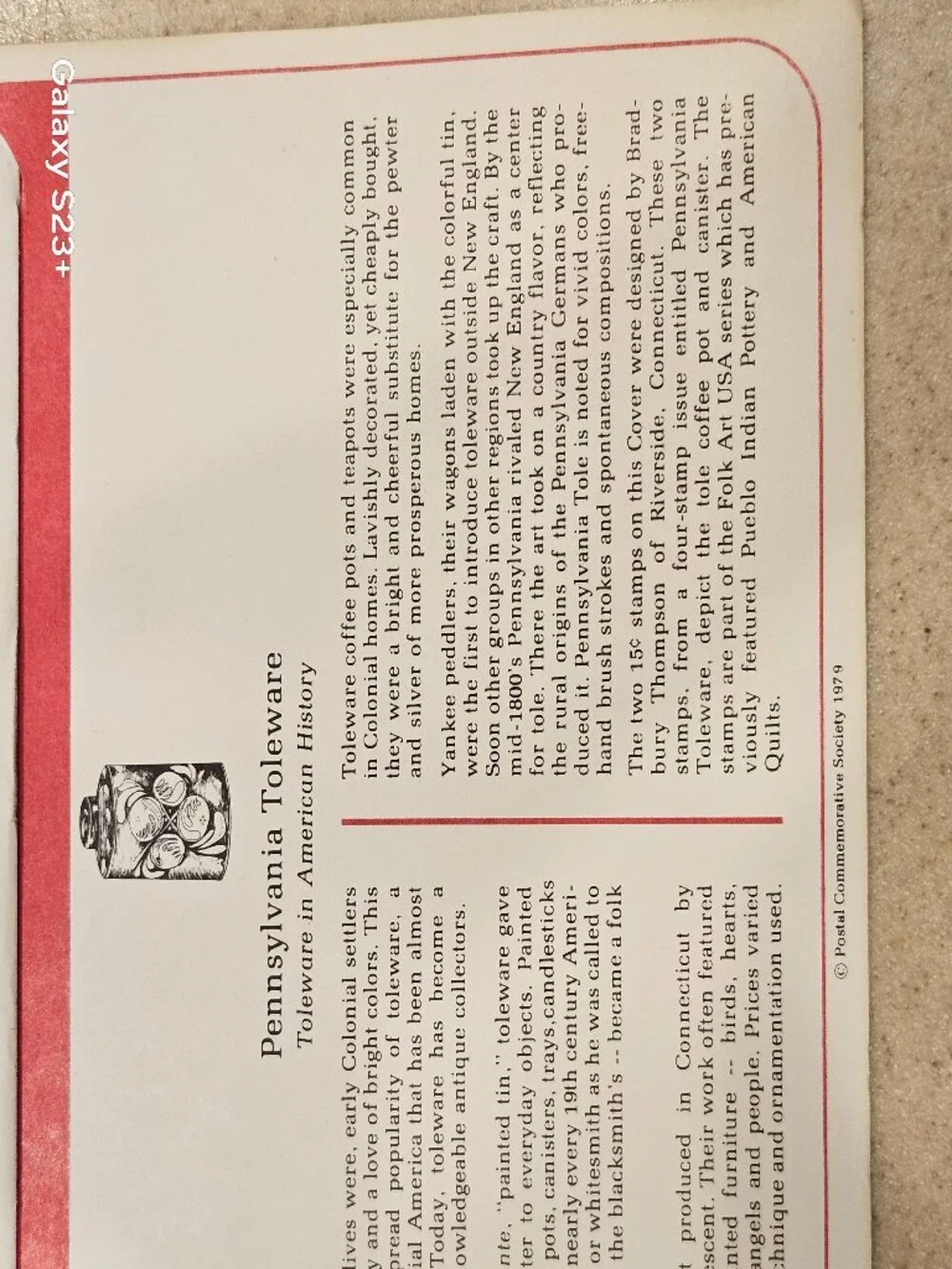 RARE COLLECTIBLE USPS 1ST DAY ISSUE COVER PENNSYLVANIA TOLEWARE FOLK ART STAMP 2